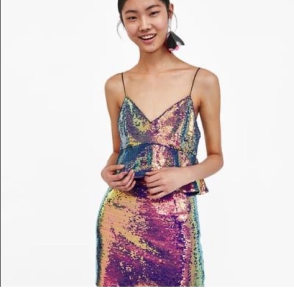 “Zara" gorgeous multi-colored sequined mini dress w/ spaghetti straps & peplum - Picture 2 of 16
